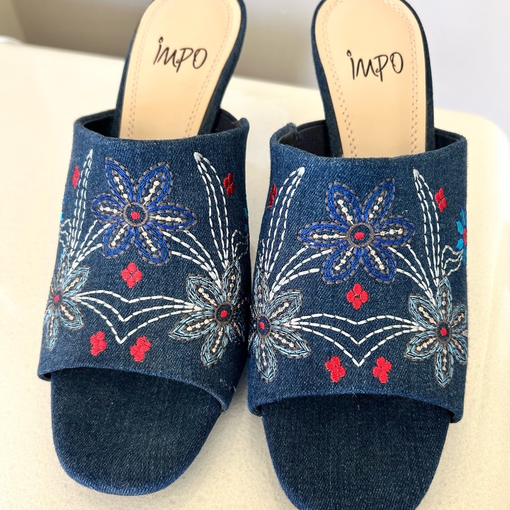 Impo Blue Denim Floral Embroidered Mules
